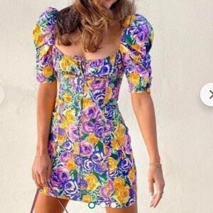 Floral Puff-Sleeve Mini Dress in Purple & Yellow